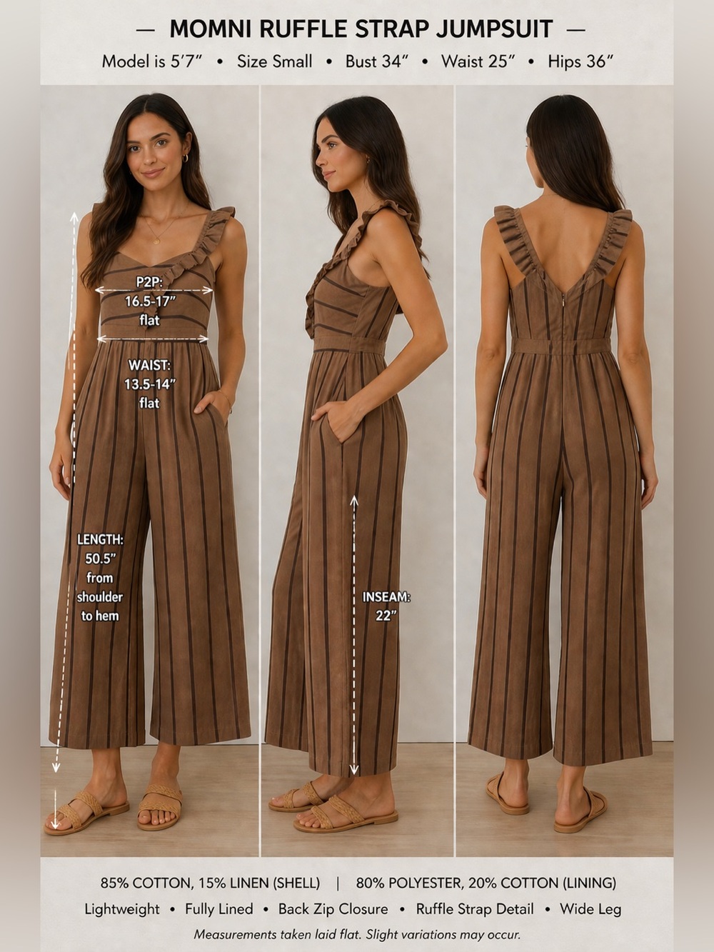 MOMNI Ruffle Strap Jumpsuit Brown Stripe Wide Leg Cotton Linen Size S - Picture 2 of 7